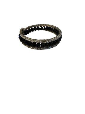 Vintage Black Faceted Bead & Clear Rhinestone Wrap Coil Bracelet Silver Tone
